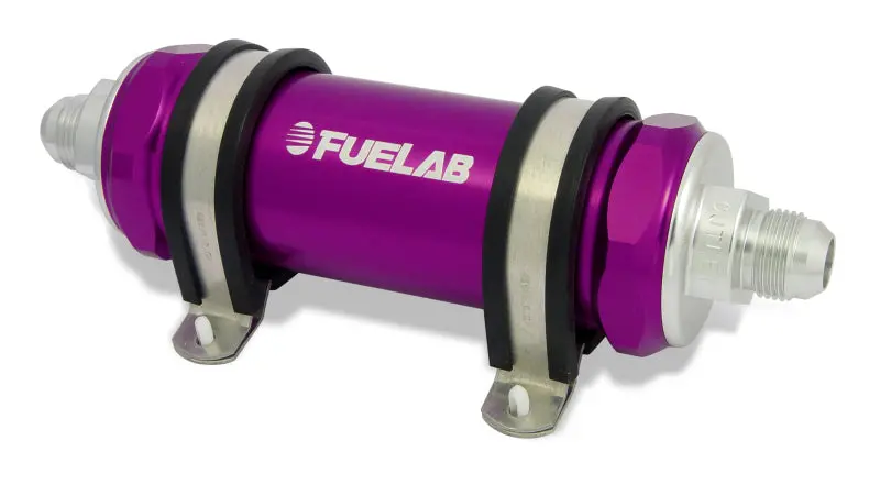 Fuelab 858 In-Line Fuel Filter Long -8An In/Out 40 Micron Stainless W/Check Valve - Purple 1