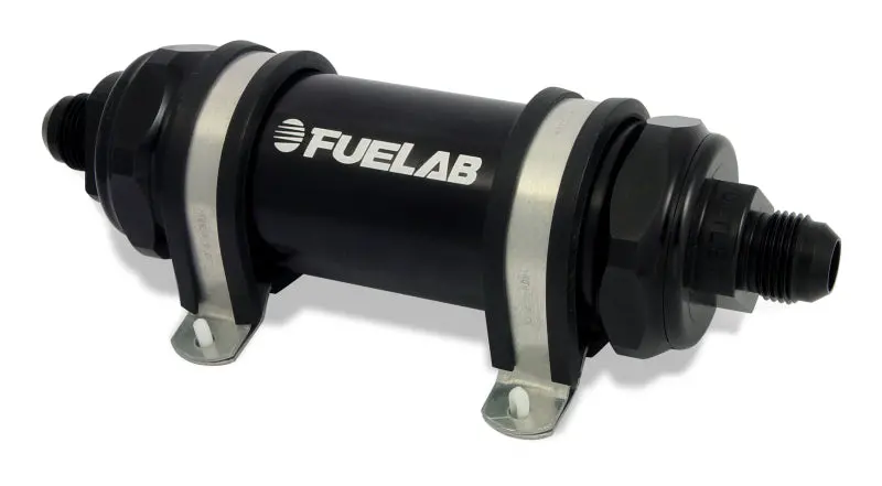 Fuelab 858 In-Line Fuel Filter Long -8An In/Out 40 Micron Stainless W/Check Valve - Black 1