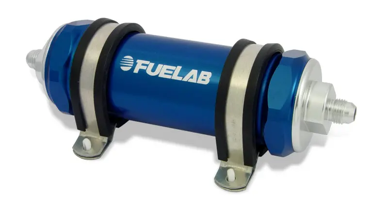 Fuelab 858 In-Line Fuel Filter Long -8An In/Out 10 Micron Fabric W/Check Valve - Blue 1