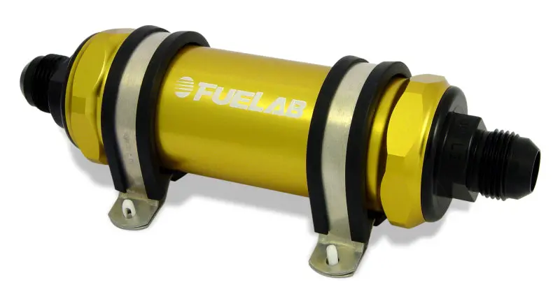 Fuelab 828 In-Line Fuel Filter Long -12An In/Out 100 Micron Stainless - Gold 1