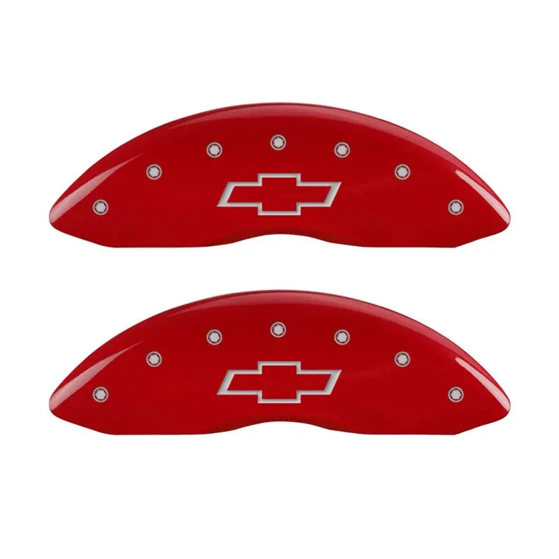 Mgp Engraved 4-Piston Caliper Covers – Bowtie Design, Front & Rear, Red Finish With Silver Chrome Accent 1